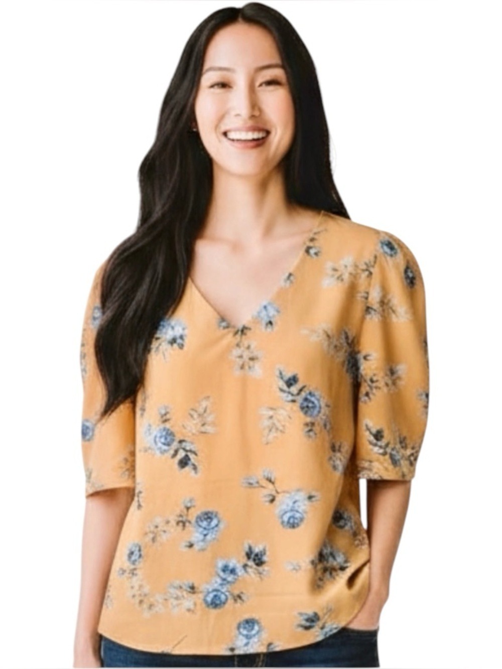 NWT Neineiwu Size S Mustard Floral Blouse